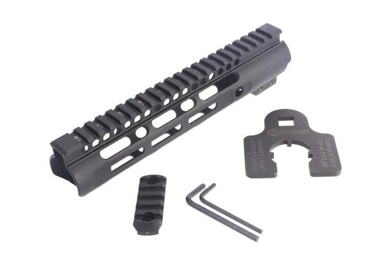 Midwest Industries Slim Line 9.25in free float M-LOK rail for the AR-15 includes a rail section and helpfully labeled barrel nut wrench.